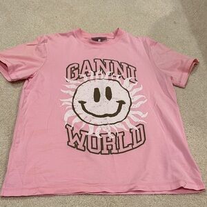 Ganni Pink Graphic 'World' Smiley Sun Tee